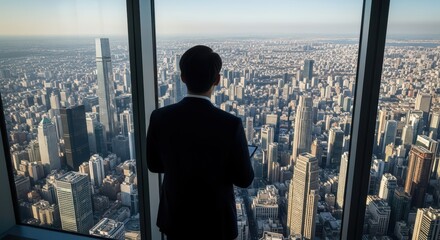Young caucasian male observing cityscape from high-rise building at sunset