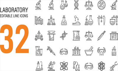 Naklejka premium Laboratory Icons 32 Editable Line Art Symbols for Science and Research