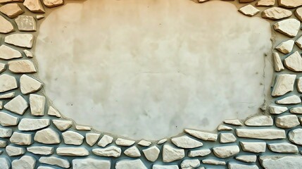 Stone wall frame with empty plaster center background and irregular natural rock pattern. Generative AI.