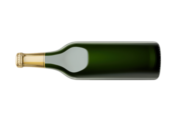 Green glass wine bottle with gold foil isolated on transparent background. Green bottle of beer isolated on white background.