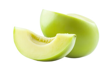 Fresh green apple cut into slices isolated on transparent background.
