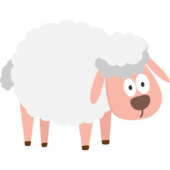Cute cartoon sheep with pink face and white fluffy wool standing on four legs with cartoon eyes and brown nose isolated on transparent background
