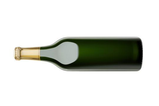 Green glass wine bottle with gold foil isolated on transparent background. Green bottle of beer isolated on white background.