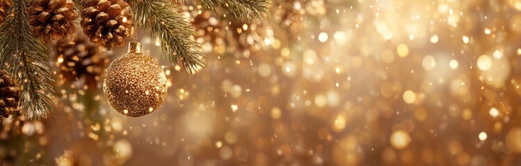 banner Golden Christmas ornaments and pine cones with a soft bokeh background. 