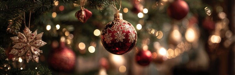 Close-up of a Christmas tree ornament with intricate designs. The background features soft, warm lights creating a festive atmosphere.
