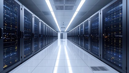 Long server room hallway; rows of black server racks illuminated by bright ceiling lights, reflecting on the tile floor