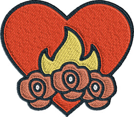 Embroidered Colorful Heart With Flames and Roses Illustration