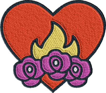 Embroidered Colorful Heart With Flames and Roses Illustration