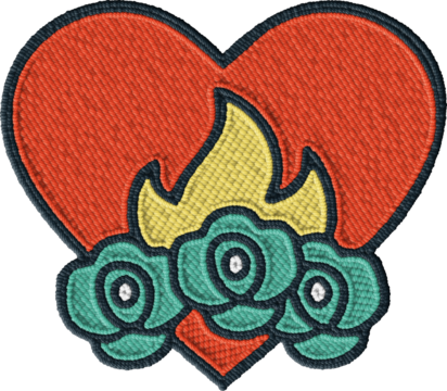 Embroidered Colorful Heart With Flames and Roses Illustration