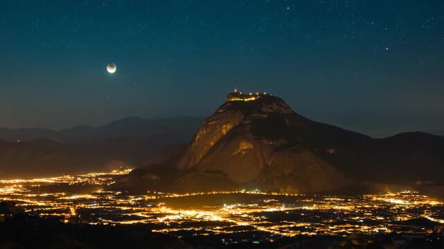 Cave Hira Makkah Night Panorama | Illuminated Mountain Fortress Above Glowing Cityscape
Majestic Makkah Night View | Bright-Lit Mountain Peak and Crescent Moon Over City Lights
