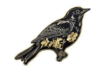 Obraz premium Detailed illustration of a bird with floral patterns isolated on transparent background. Black and gold patch with a bird isolated on white background.
