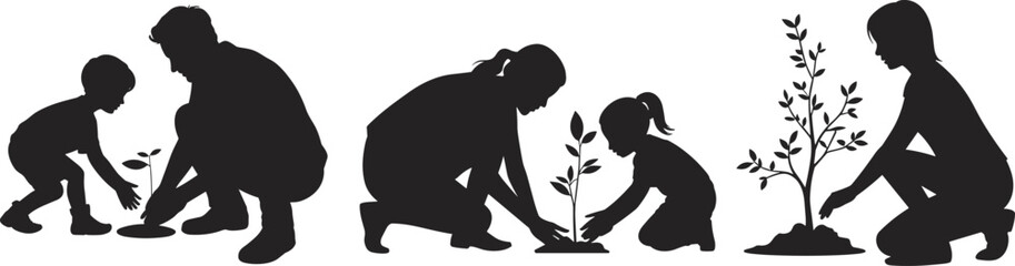 Tree planting silhouette vector, adult and child gardening, environmental care, Earth Day activity, nature conservation, eco education, family teamwork illustration