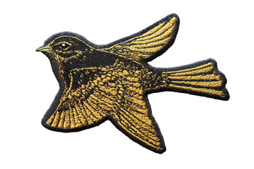 Obraz premium Detailed illustration of a bird with floral patterns isolated on transparent background. Black and gold patch with a bird isolated on white background.