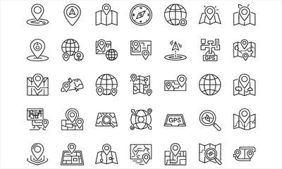 Modern vector line icon set for location services, mapping, and navigation applications. Essential symbols for GPS, travel, geographic positioning, and destination tracking
