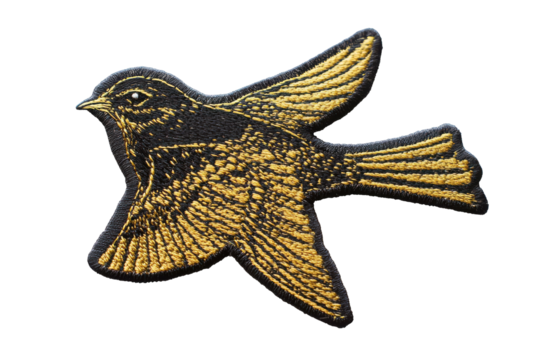 Detailed illustration of a bird with floral patterns isolated on transparent background. Black and gold patch with a bird isolated on white background.