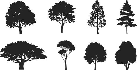 Tree silhouette vector collection, diverse tree shapes, botanical illustration, forest elements, nature design, landscape graphic, isolated tree icons, foliage patterns