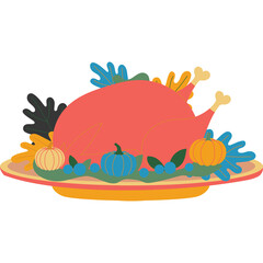 Roasted Turkey With Autumn Vegetables and Leaves Festive Holiday Meal Presentation On A Platter