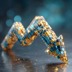 Downward arrow constructed from reflective cubes indicating financial decline or loss trend