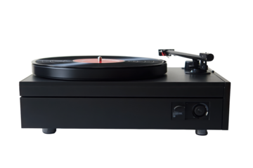Modern black turntable with vinyl record isolated on transparent background.