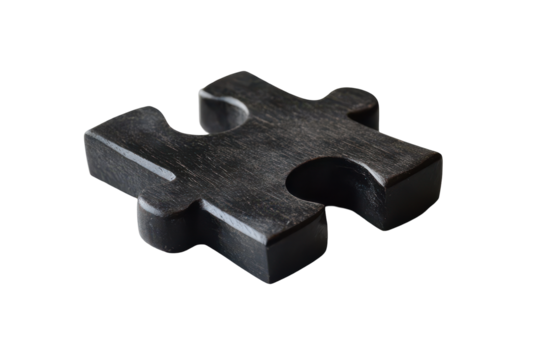 Single dark metal puzzle piece isolated on transparent background. Black puzzle piece isolated on white background.