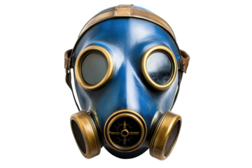 Blue and gold vintage gas mask isolated on transparent background. Blue and gold gas mask isolated on white background.