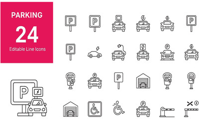 Comprehensive set of 24 editable line icons representing various parking solutions, vehicles, signs, meters, and access infrastructure for modern design projects