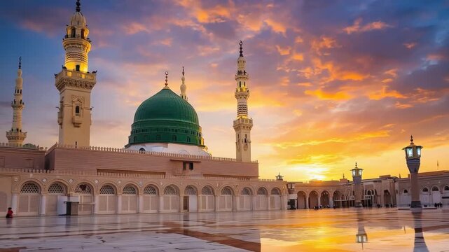 Prophet&rsquo;s Mosque Madinah Sunset | Emerald Green Dome and Golden Minarets Reflection

Nabawi Mosque at Dusk | Glowing Green Dome and Fiery Sunset Over Madinah Courtyard