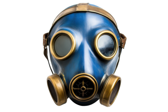 Blue and gold vintage gas mask isolated on transparent background. Blue and gold gas mask isolated on white background.