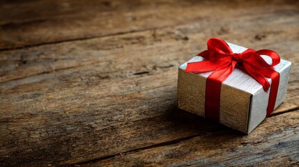 A small, wrapped gift box with a red ribbon sits on a rustic wooden surface. The box is silver with a textured finish, ideal for holiday celebrations.