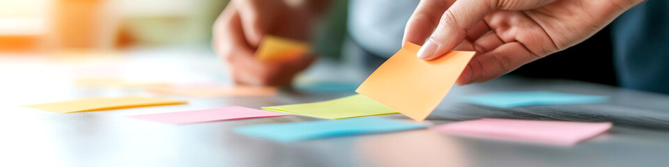 Obraz premium Creative team actively sharing ideas on sticky notes, symbolizing collaborative brainstorming and engagement