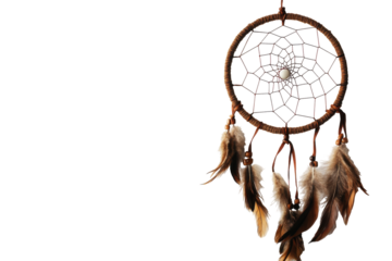 Orange dreamcatcher with feathers isolated on transparent background. Brown dream catcher with feathers isolated on white background.