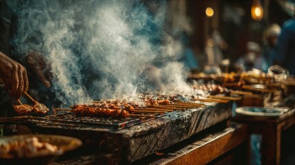 Grilling skewers of meat over an open flame in a vibrant street market filled with smoke, delicious aromas, and an inviting atmosphere for food lovers