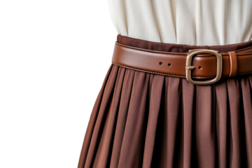 Close up of a brown leather belt and pleated skirt isolated on transparent background. Brown skirt with a belt on white background.