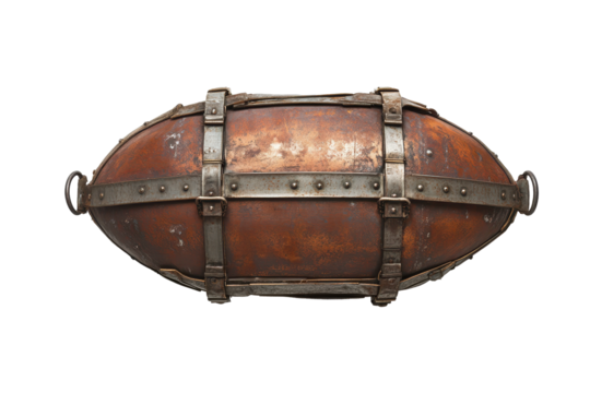 Vintage leather rugby ball with straps isolated on transparent background. Brown oval shaped object with metal straps isolated on white background.