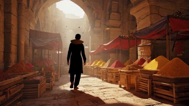 Lone Traveler in Ancient Spice Market | Cinematic Sunlit Marketplace Scene

Golden Sunbeams Through Old Bazaar | Mysterious Traveler and Spices Artwork
