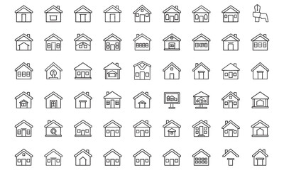 A comprehensive collection of outline house icons, showcasing diverse architectural styles and residential building designs