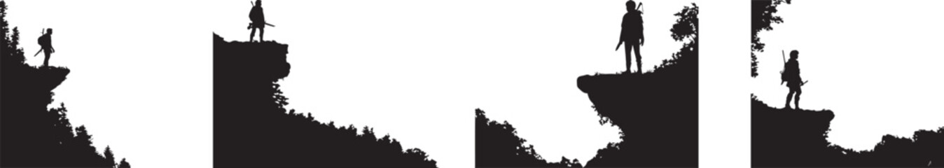 Black silhouette of a person standing alone on a cliff edge looking into the distance, symbolizing adventure, courage, solitude, freedom, exploration, challenge, determination, and mountain nature lan