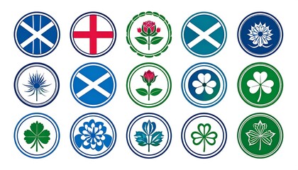 Botanical symbols of nations with cross/floral emblems set in circles with white outline on a white background