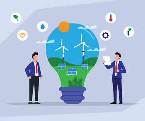 Sustainable Business Idea: Renewable Energy within a Light Bulb with Businessmen 2d flat vector illustrations