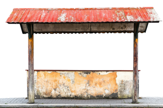 Old weathered bus stop shelter isolated on transparent background. Bus stop with a roof isolated on white background.
