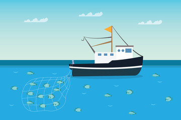 Commercial Fishing Boat Catching Fish with a Net on the Open Sea. Trawler Working to Harvest Seafood for Industry and Market 2d flat vector illustrations