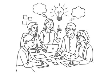 Diverse Team Brainstorming Ideas in Office Meeting Line Art Illustration for Business and Collaboration