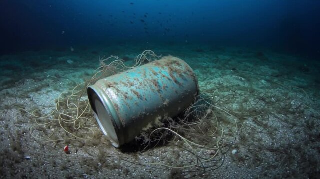 Rusty metal can entangled in fishing net lying on seabed, underwater ocean pollution waste concept, environmental damage from marine debris microplastics and human activity, ecology awareness conserva