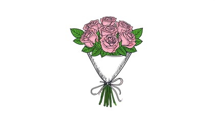 Bouquet with pink roses wrapped in paper with tied ribbon, simple design on a plain white background