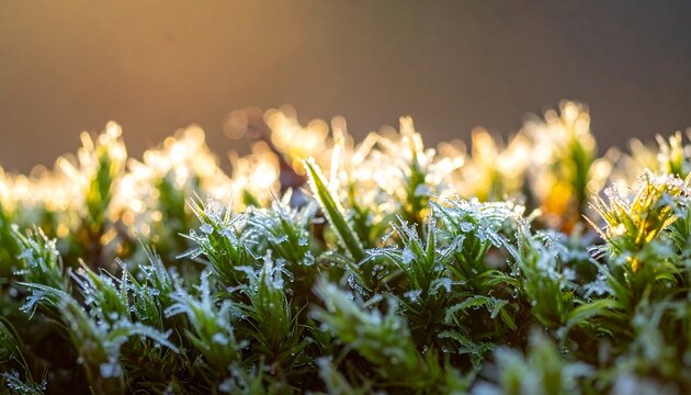 Close-up of frosted green moss with glistening ice crystals, bathed in golden sunlight against a blurred background - Powered by Adobe