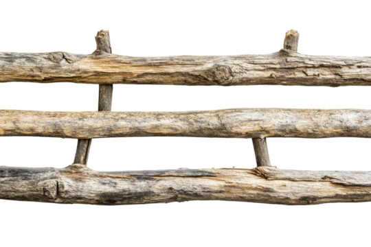 Weathered white picket fence tops isolated on transparent background. Close up of a fence isolated on white background.