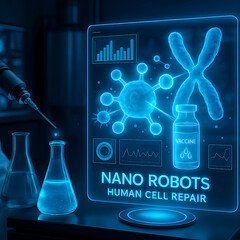 Scientist developing new drug using AI-powered molecular simulation hologram.
