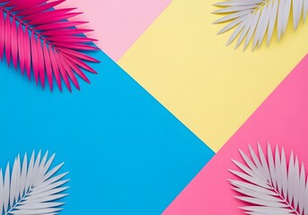 Vibrant tropical leaves and geometric patterns create a visually stunning and eye-catching arrangement. The image features a vibrant color palette with tropical leaves.