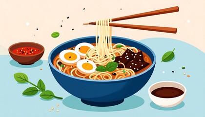Bowl of noodles with eggs, veggies, and dark broth, and chopsticks on a colored surface