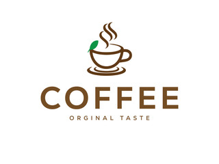 Brown coffee cup with steam and green leaf logo above the word coffee and original taste text coffee logo